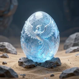 magic ice phoenix egg, rock and sand around, peter mohrbacher style, ray tracing, cinematic, digital art, realistic, octane render