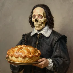 realistic painting of Shakespeare's hamlet holding a pork pie instead of a skull