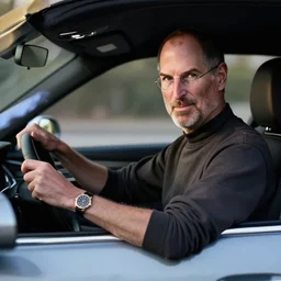 steve jobs driving a car model S, hyperrealistic, cinematic lighting