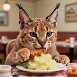 closeup face portrait of a tin toy cute fluffy caracal eating mashed potato with cutlet in a russian suburban 1 9 9 0 s diner, by nicoletta ceccoli, mark ryden, lostfish, max fleischer, depth of field, detailed and intricate environment, 8 k resolution, hyperrealistic, octane render