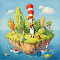 A bizarre island landscape in the style of Dr. Seuss, boats, painting by Raphael Lacoste