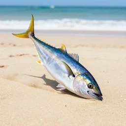 yellowfin tuna playing spikeball on the beach photo