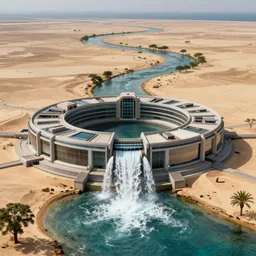 sci - fi round building next to the sea pumping gushing water into a parched desert, river with trees, a sense of hope, hyper realistic, high res, 4 k, edouard groult, bynde, kirill leonov, isaac zuren