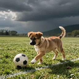kicking puppy across a football field