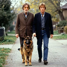 john lennon walking with a german shepherd dog. epic stunningly beautiful photo. artstation, 4 k. kodachrome. scorsese, fred herzog. 1 9 7 6. masterpiece