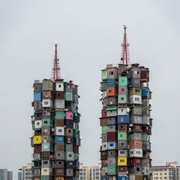 two towers, made up of stacked makeshift squatter shacks with colourful facades, plain uniform sky at the back, misty, phase 1, f 1. 8, ultra sharp, very detailed, photographed by julie blackmon