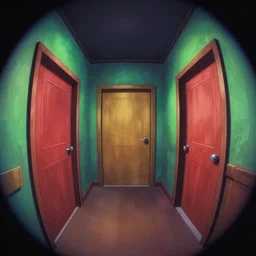 dimly lit, theater access corridor, 3 doors, day of the tentacle style, fish eye, by Makoto Shinkai, clean lineart and color, vibrant