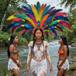 a reality bending psychedelic ayahuasca experience, colorful, distorted, surreal, tropical bird feathers, native girls body covered, next to river, intricate lace, elegant fabric, highly detailed, digital painting, concept art, smooth, sharp focus, illustration, art by krenz cushart and wayne barlowe and alphonse mucha