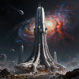 cinematic scifi render of a 3 d sculpt of a cyberpunk john harris'aircraft carrier tower'megalithic tower structure city in space, beeple, halo, star wars, ilm, star citizen, halo, mass effect, high tech industrial, artstation unreal, dramatic powerful nebula, unreal, artstation