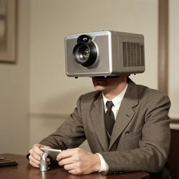 a man with a projector for a head, 1950s photo