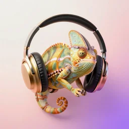 chameleon wearing headphones in a smooth color gradient from gold to rose to purple with interlocking triangle polygons, vector blending the shapes, optical illusion diagram hexagon risoprint screenprint serigraph poster art