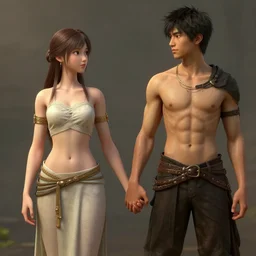 young asian male and female, small cloths, holding each other hands, by thomas cole and wayne barlowe, bodyshape by kyu yong eom, 8 k, high detail, fantasy art, dnd, artstation,