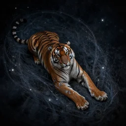 out in the dark, among the stars, the tiger is dead by barclay shaw, andreas rochas, dan mumford craig mullins., intricate details, illustration, dynamic lighting, unreal engine, featured on artstation, soft glow