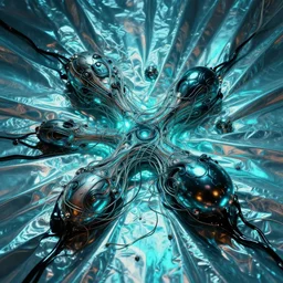 technological mitosis, cell shaded, hyperrealism, reflective fabric, refractive surfaces, chiaroscuro!, minimalism, flesh bound to metal, loose wires, black ooze, cyan lighting, vibrant, by ilya kuvshinov and anton fadeev and giger and greg rutkowski and gil elvgren