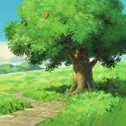 cute ash tree, stone walkpath landfield, animation matte painting by pixar ghibli studio miyazaki ghibli