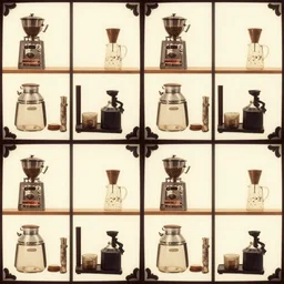 seamless pattern of coffee barista equipment, 60's poster, symmetrical, repeating 35mm photography