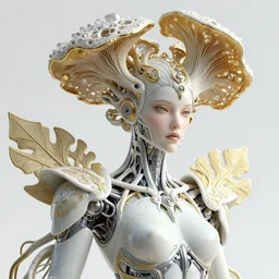 intricate hyper detailed ultra sharp 3 d render of a beautiful smooth porcelain fascinating cyborg woman portrait, medium shot portrait, beautiful natural bright light, alexandre ferra mecha, haute couture huge fractal gold mycelum and crystal pore fungi head ornaments, big embroidered leaves stems filigree spreaded roots, cyberpunk white silver armor, art nouveau, octane render, volumetric cinematic lighting, 8 k, vray tracing
