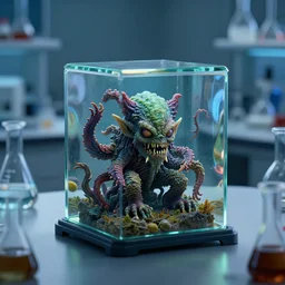 a glass cube containing a lovecraft monster sitting on the table of a science laboratory, octane, trending on artstation, volumetric lighting — w 6 4 0