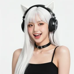 realistic detailed semirealism beautiful gorgeous natural cute excited happy Blackpink Lalisa Manoban white hair white cat ears, wearing black camisole outfit, headphones, black leather choker artwork drawn full HD 4K high resolution quality artstyle professional artists WLOP, Aztodio, Taejune Kim, Guweiz, Pixiv, Instagram, Artstation
