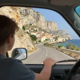 looking out a car dash window to see the road to a mediterranean phoenician fishing village, over a chalk cliff, highly detailed, digital painting, artstation, concept art, sharp focus, illustration, art by artgerm and greg rutkowski and raphael lacoste and magali villeneuve