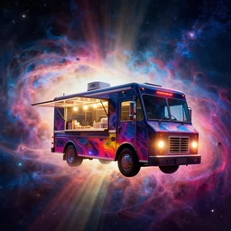 a beautiful artwork illustration, a cyberpunk food truck floating through a galactic nebula, volumetric fog, godrays, high contrast, high contrast, high contrast, vibrant colors, vivid colors, high saturation, by Greg Rutkowski and Jesper Ejsing and Raymond Swanland, featured on artstation, wide angle, vertical orientation