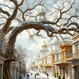 a street view of a city made of porcelain on gold and silver, beautiful and elegant, built on top of a large massive expansive tree and tree branches over arching over and under, overlooking to an outside sky by frank lloyd wright, feng zhu, craig mullins,