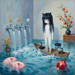 painting of flood waters inside an apartment, emo catgirl art student, a river flooding inside, taps with running water, tangelos, zen, pigs, ikebana, water, river, rapids, waterfall, black swans, canoe, pomegranate, berries dripping, acrylic on canvas, surrealist, by magritte and monet