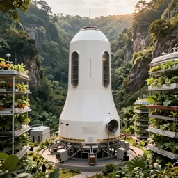 vertical farms and white sci - fi nuclear microreactor in a steep sided valley with trees, a sense of hope and optimism, hyper realistic, high res, 4 k, warm light, edouard groult, bynde, kirill leonov, isaac zuren