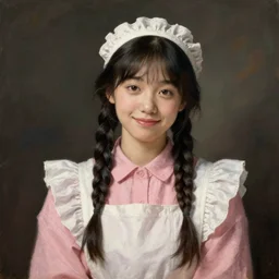 a sadly smiling black haired, young hungarian servant maid from the 19th century who looks very similar to (((Lee Young Ae))) with a two french braids, pastel colours, detailed, painting by Rembrandt, Csók István and da Vinci