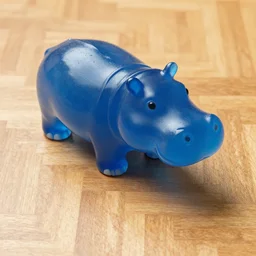 assembled, parquet wood, blue transparent jelly, hippo