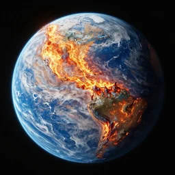 fire and water volcanic planet from space, sphere render, texture, bumpmap