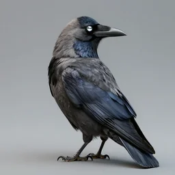 portrait of a crow looking over his shoulder, body facing forward and head backwards towards the viewer, unreal engine 5, highly detailed and crisp render of distressed feathers, eyes made out of reflective chrome like a mirror