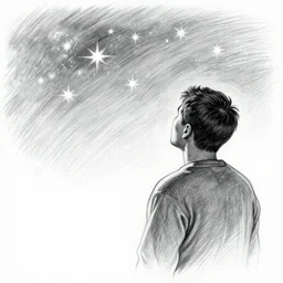 pencil sketch of a man looking at a starry sky