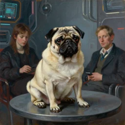 oil painting of a a an anthropometric pug sits at a table in a cyberpunk room, art by anders zorn, wonderful masterpiece by greg rutkowski, beautiful cinematic light, american romanticism by greg manchess, jessica rossier and norman rockwell
