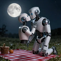 A hyperrealistic photograph of a robot leaning intowards the camera for a kiss in the moonlight by the picnic blanket
