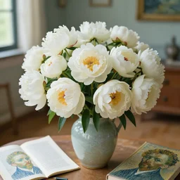 atmospheric beautiful bouquet of white delicate peonies in the sunny room of his beloved wife, wang gogh wrote