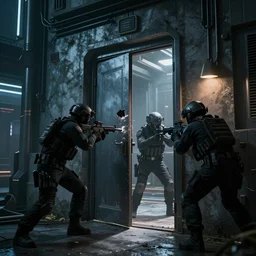 a SWAT team getting ready to break down a door, futuristic, cyberpunk, night