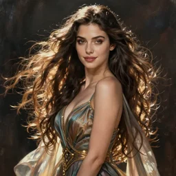 portrait of a female wizard in flowing sensual dress, long flowing hair, delicate, looking at camera, slightly smiling, realistic face, stylish, elegant, extremely detailed painting inspired by Gerald Brom, stunning lighting