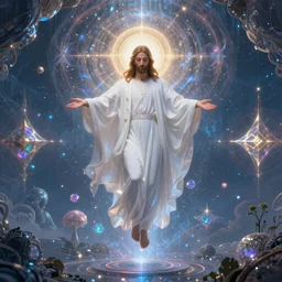 psychedelic telepathic symmetric jesus christ in white robe floating art artgem