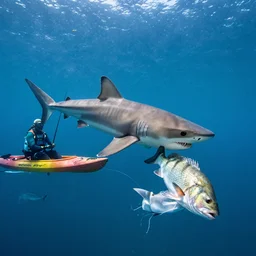 sevengill shark taking calico bass from a spearfisherman's stringer in la jolla, ca. kayak