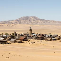 old west style city in the middle of a vast sandy flat desert with a single mountain on the very distant horizon. magic the gathering art, digital media