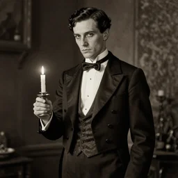 ultra realistic sepia portrait of a 1 9 2 0 s era male magician, tall, thin, well dressed, slicked - back black hair, long - tailed tuxedo coat, black bow tie, holding a candle, atmospheric lighting, dark, atmospheric, brooding, painted, intricate, ultra detailed by leesha hannigan, thierry doizon, kai carpenter, well composed, best on artstation, cgsociety, epic, stunning, gorgeous, intricate detail, wow, masterpiece