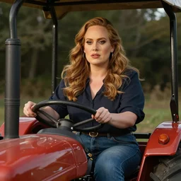 Adele driving a tractor, painting, portrait