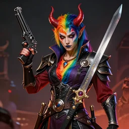 fantasy portrait of a rainbow demon holding a gun and sword