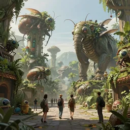 an concept art illustration, photorealistic mystical beasts, fantasy street with large insect and plant biomes, megafauna, ultra realistic, style by dylan cole and wlop and feng zhu, trending in artstation, cgsociety, octane render, ultra sharp, concept illustration, digital painting, 8 k