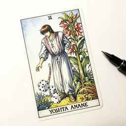 rolling dice and belladonna plant tarot card, pen and ink, intricate line drawings, by Yoshitaka Amano, Ruan Jia, Kentaro Miura, Artgerm, watercolor