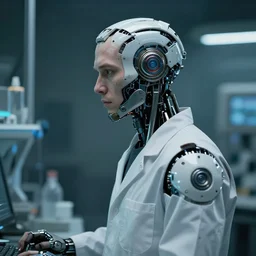 a laboratory operator man with cybernetic enhancements seen from a distance, halfbody portrait, scifi character portrait by greg rutkowski, daytoner, cinematic lighting, dystopian scifi gear, profile picture, mechanical, cyborg, half robot