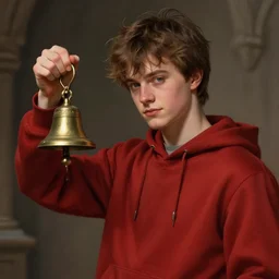 a preppy magic student boy wearing a red hoodie, holding a small brass hand bell, d & d, fantasy, intricate, cinematic lighting, highly detailed, digital painting, artstation, concept art, smooth, sharp focus, illustration, art by artgerm and greg rutkowski and alphonse mucha