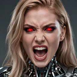 portrait of angry, mouth screaming gwen stefani with robotic glowing red eyes by greg rutkowski, young, angry revenge, attractive, strong, mother vibes, highly detailed portrait, scifi, digital painting, artstation, concept art, smooth, sharp focus ilustration, artstation hq