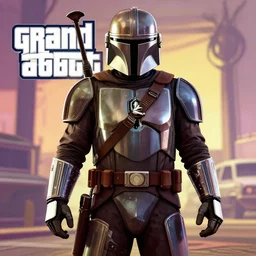 The Mandalorian in Grand Theft Auto 5 cover art, epic, no text, 4k resolution, extremely detailed, very sharp, artstation, digital art, vibrant